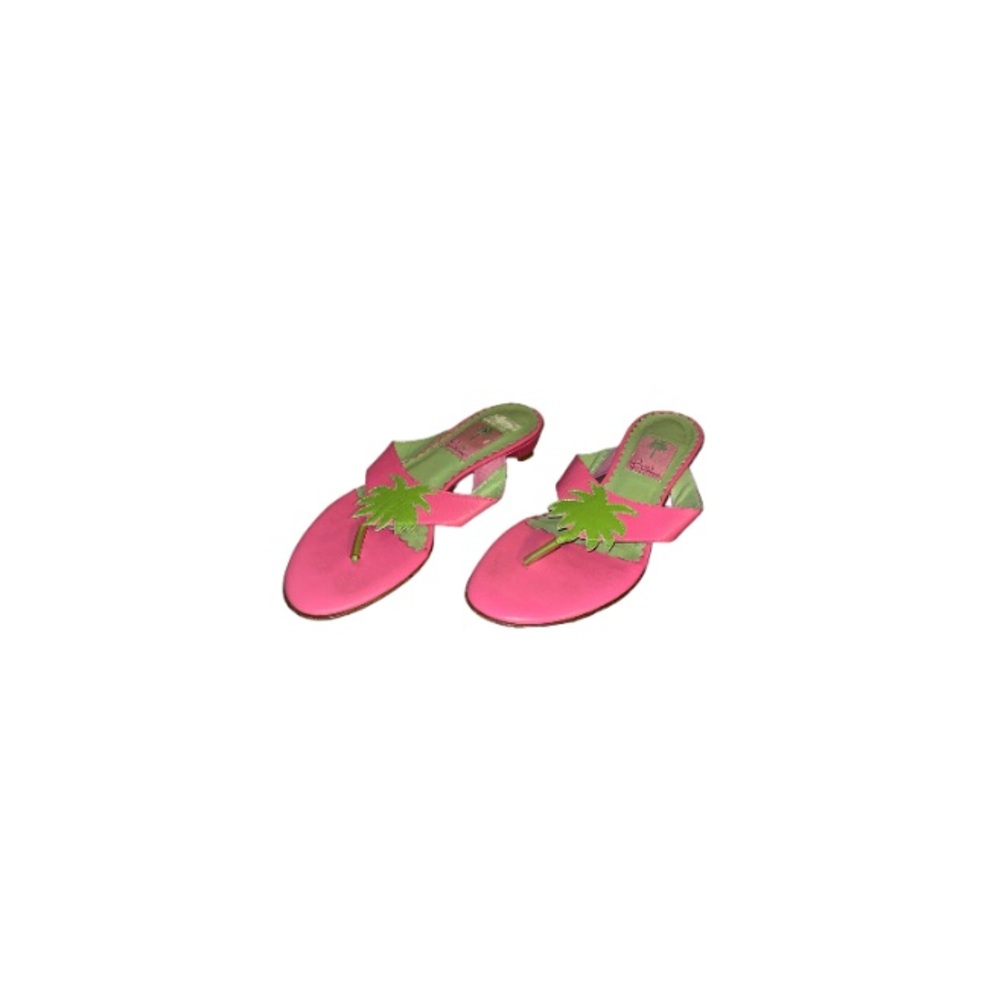 Lilly Pulitzer Pink and Green Leather Palm Tree Thong Sandals - Women’s Size 6.5